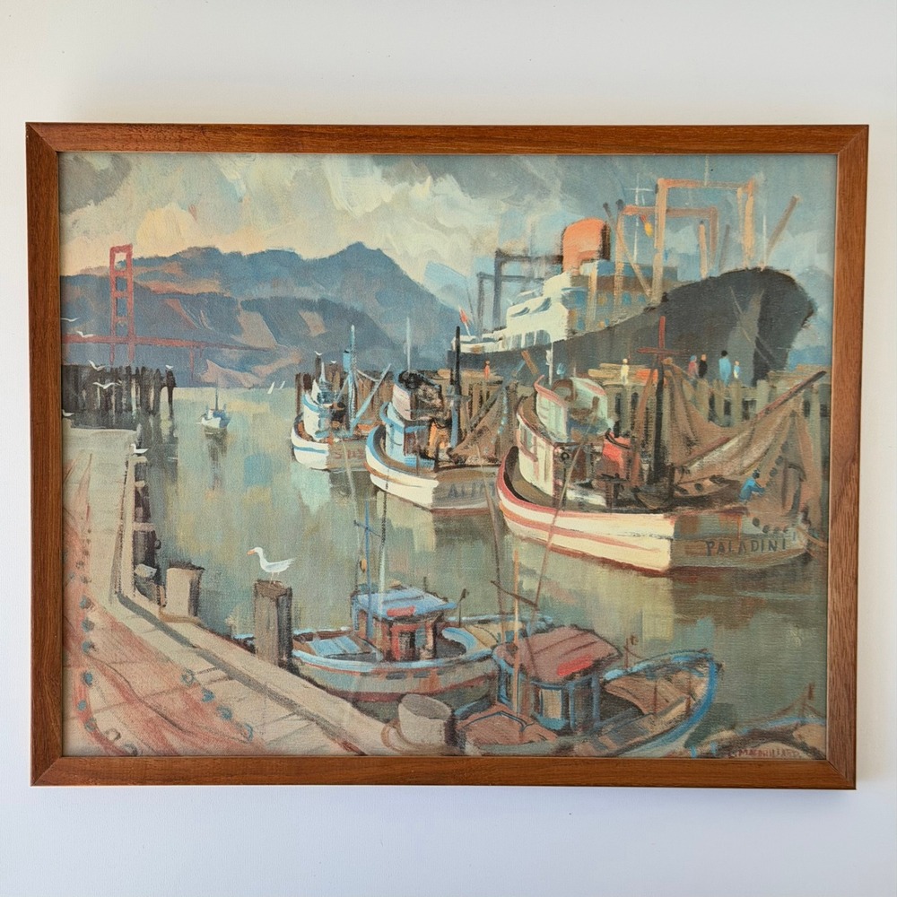 Fisherman's Wharf by Louis Macouillard Print Framed Mid Century San Francisco
